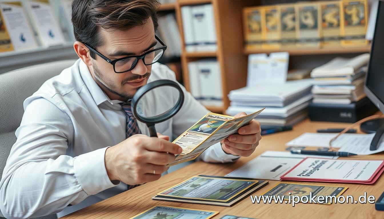 Professioneller Händler beim Begutachten von Pokémon Karten Fehldrucken