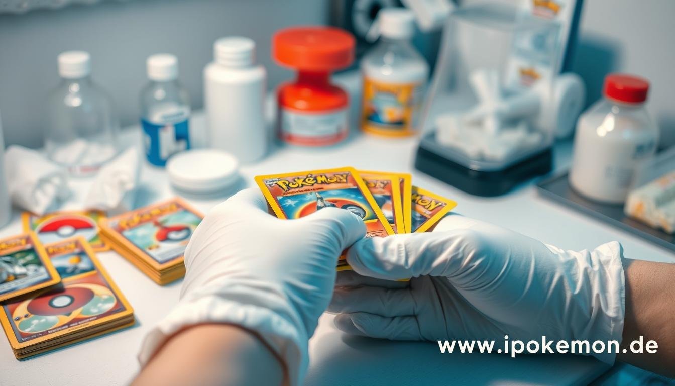 Professioneller Umgang mit Pokémon Karten unter Verwendung von Handschuhen