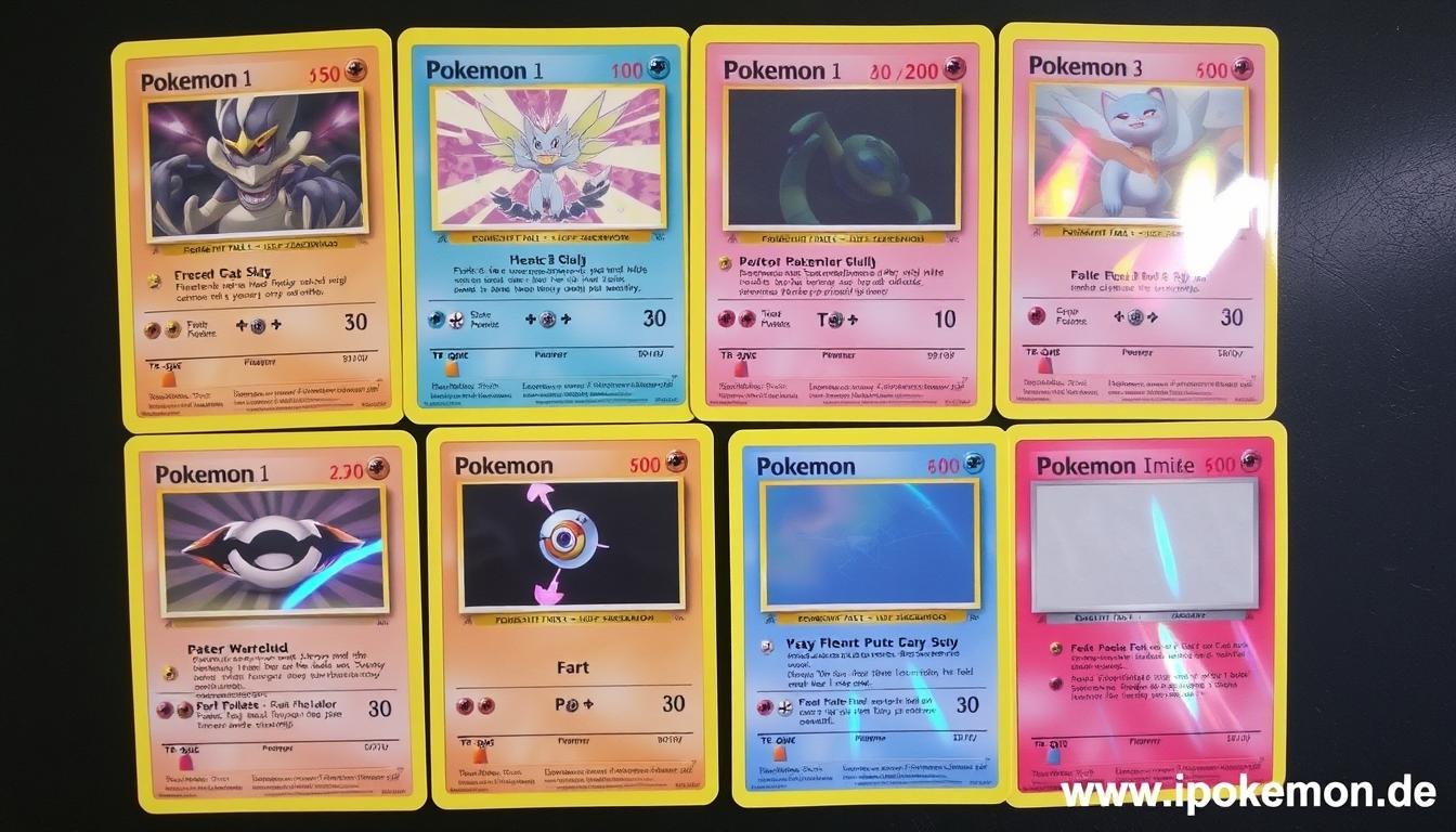 Sammlung gefälschter Pokémon Karten mit typischen Merkmalen