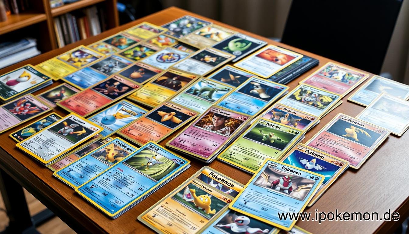 Sammlung verschiedener Pokémon Karten auf einem Tisch ausgelegt