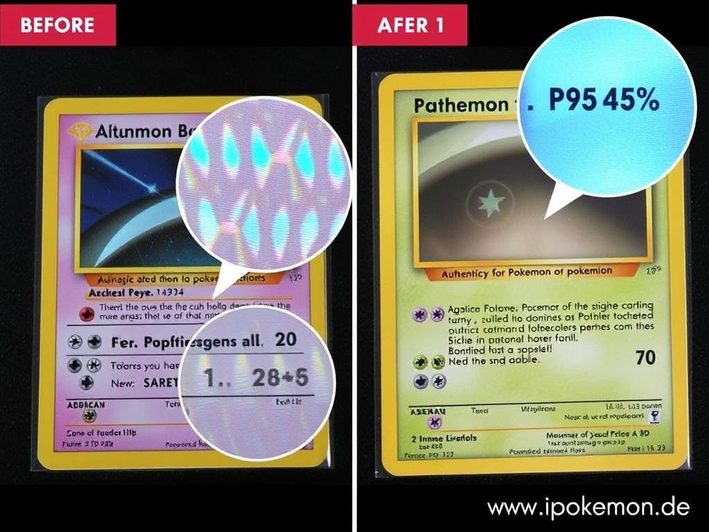 Vergleich zwischen einer authentischen und einer gefälschten Pokémon Karte mit Detailansicht