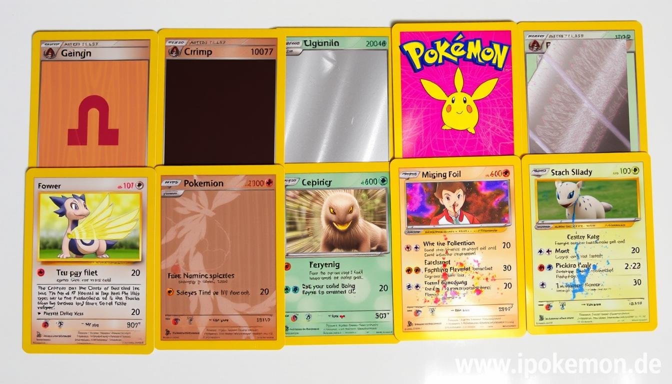 Verschiedene Arten von Pokémon Karten Fehldrucken nebeneinander
