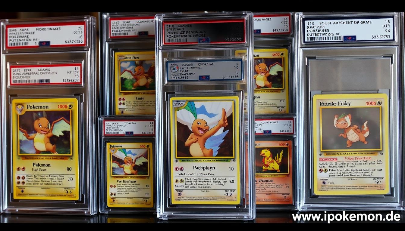 Wertvolle Pokémon Karten mit Preisschild und Bewertungshüllen
