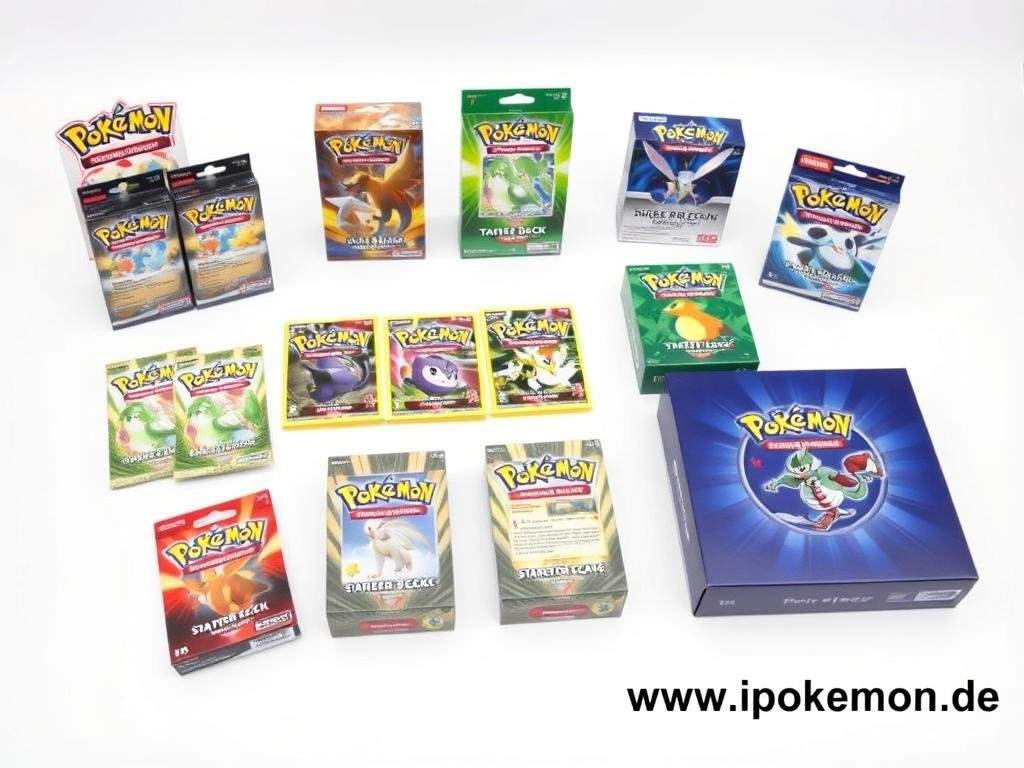 Display verschiedener aktueller Pokémon Kartensets und Booster