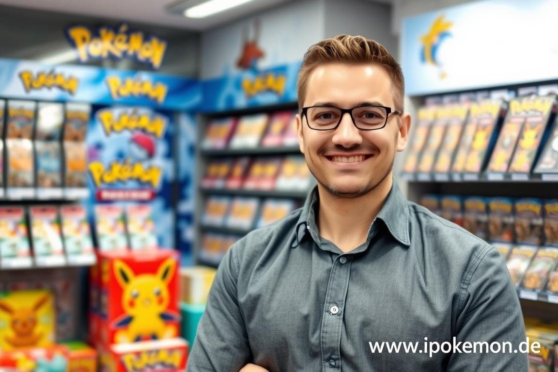 Erfolgreicher Pokémon Karten Händler in seinem Geschäft