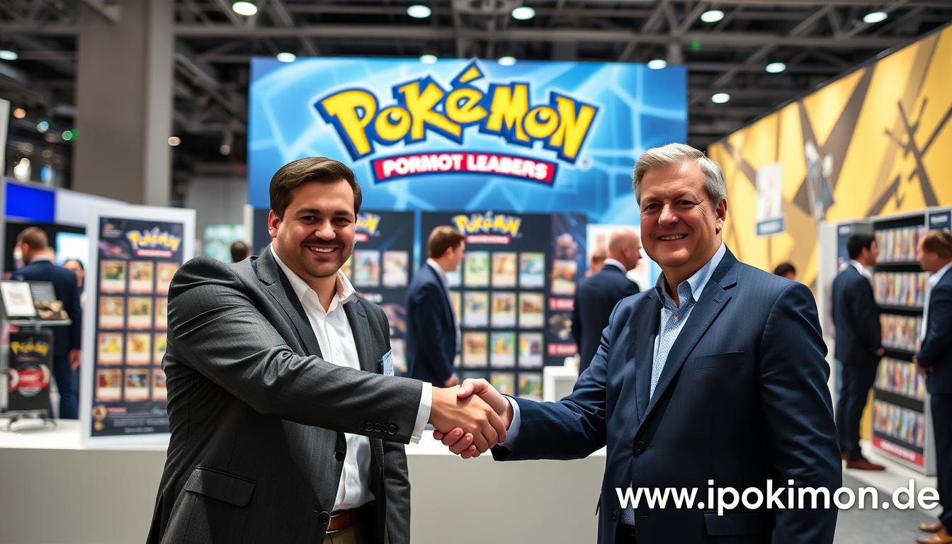 Geschäftspartner beim Handschlag, Pokémon Karten im Hintergrund