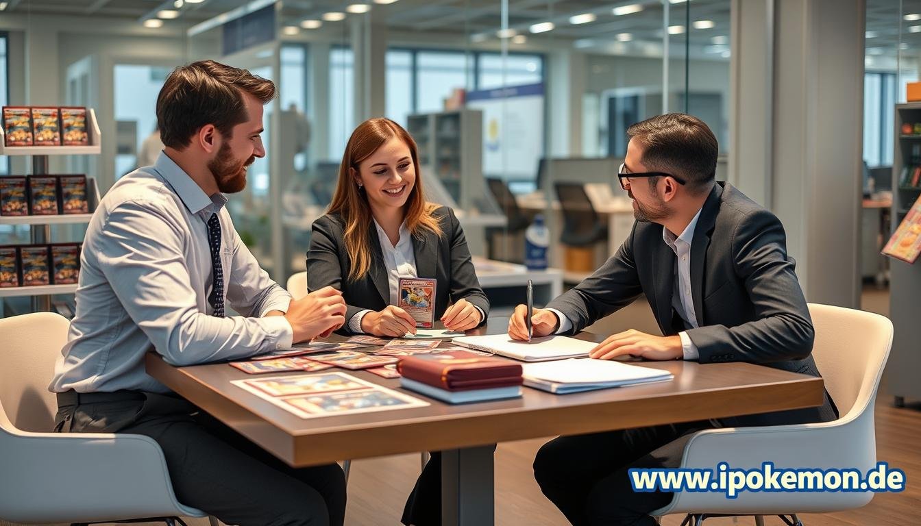 Geschäftspartner besprechen Pokémon Karten Großhandelsangebote in einem professionellen Umfeld