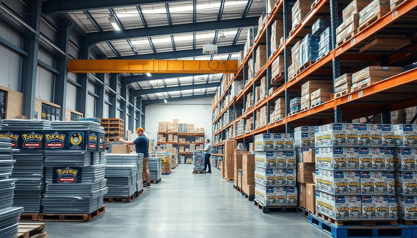 Großhandelsverpackungen mit Pokémon Karten in einem Warenlager