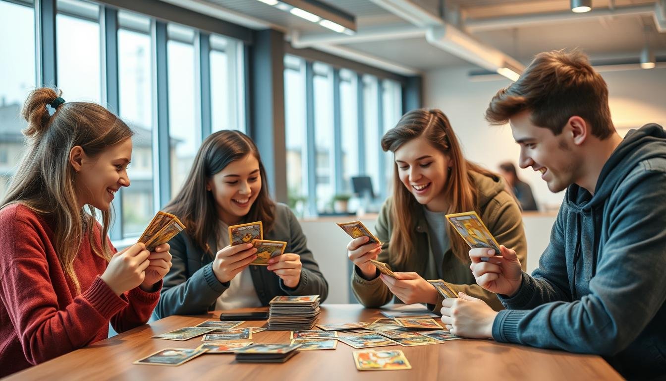 Gruppe von Jugendlichen beim Tauschen von Pokémon Karten