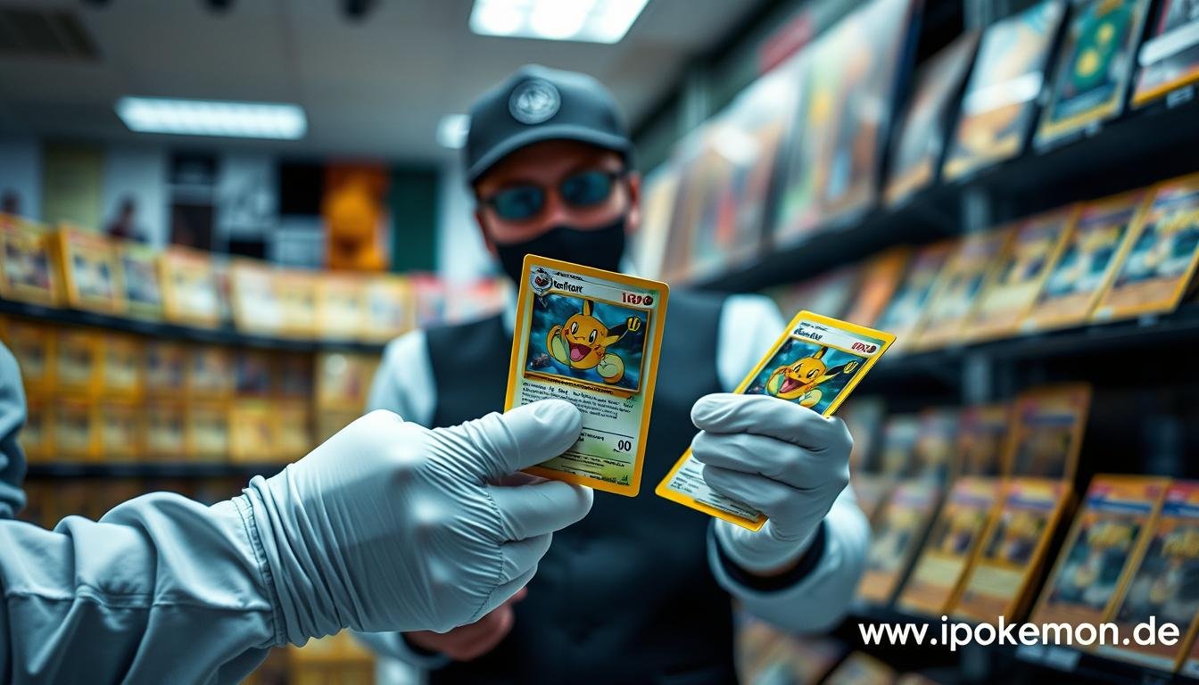 Händler mit Handschuhen beim professionellen Umgang mit wertvollen Pokémon Karten