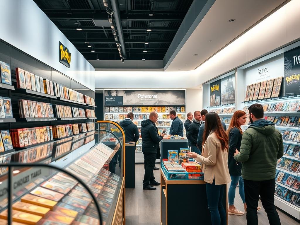 Händlershop mit Pokémon Karten Display und Kunden