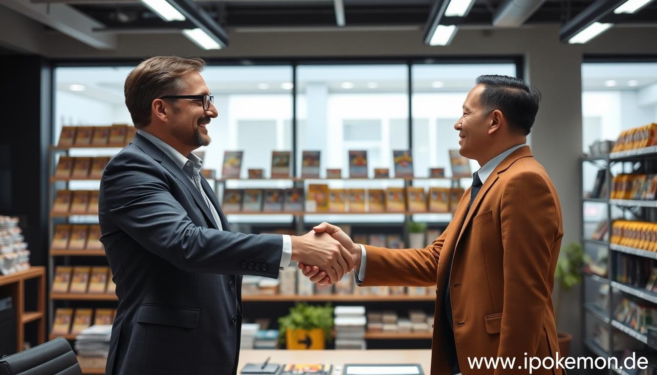 Handschlag zwischen Geschäftspartnern im Pokémon Karten Großhandel