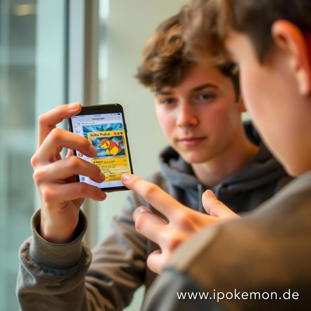 Jugendlicher scannt Pokémon Karte mit Smartphone-App