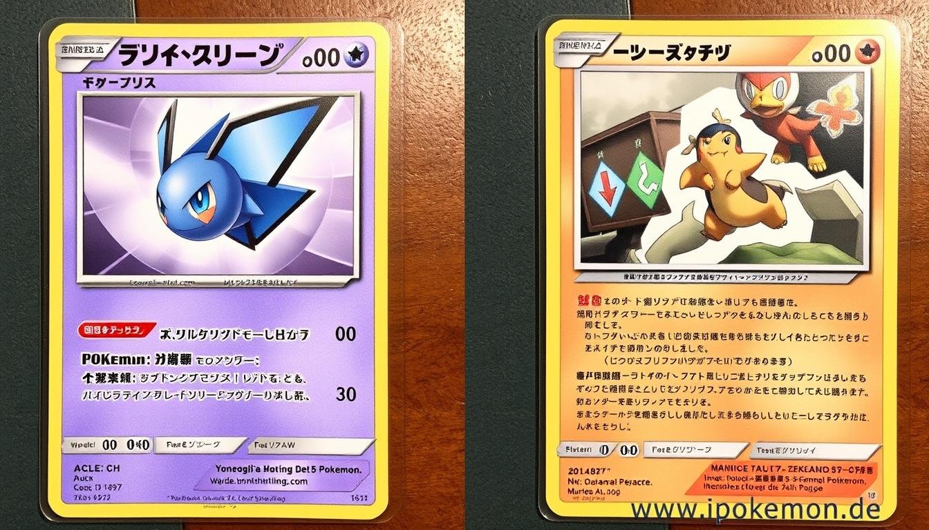 Vergleich zwischen japanischen und internationalen Pokémon Karten mit sichtbaren Unterschieden im Design