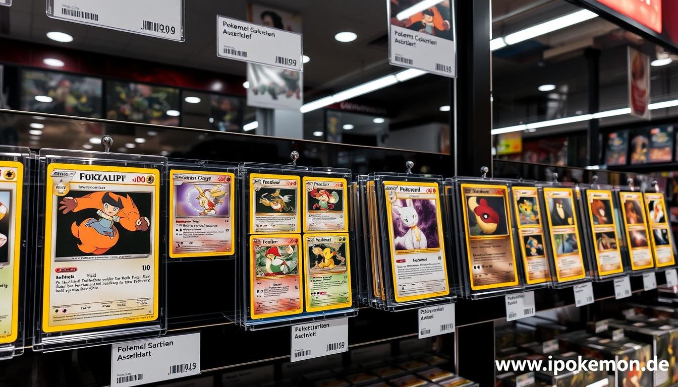 Wertvolle Pokémon Karten in professioneller Aufbewahrung mit Preisschildern
